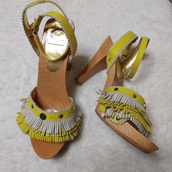 Just Cavalli Shoes - Y2k Just Cavalli leather fringe wooden clog sandals 38